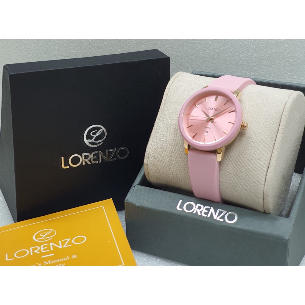 Jam Tangan Wanita Lorenzo-7127 Original Tali Karet Body Bulat Rose Tanggal Aktif Box Exclusive