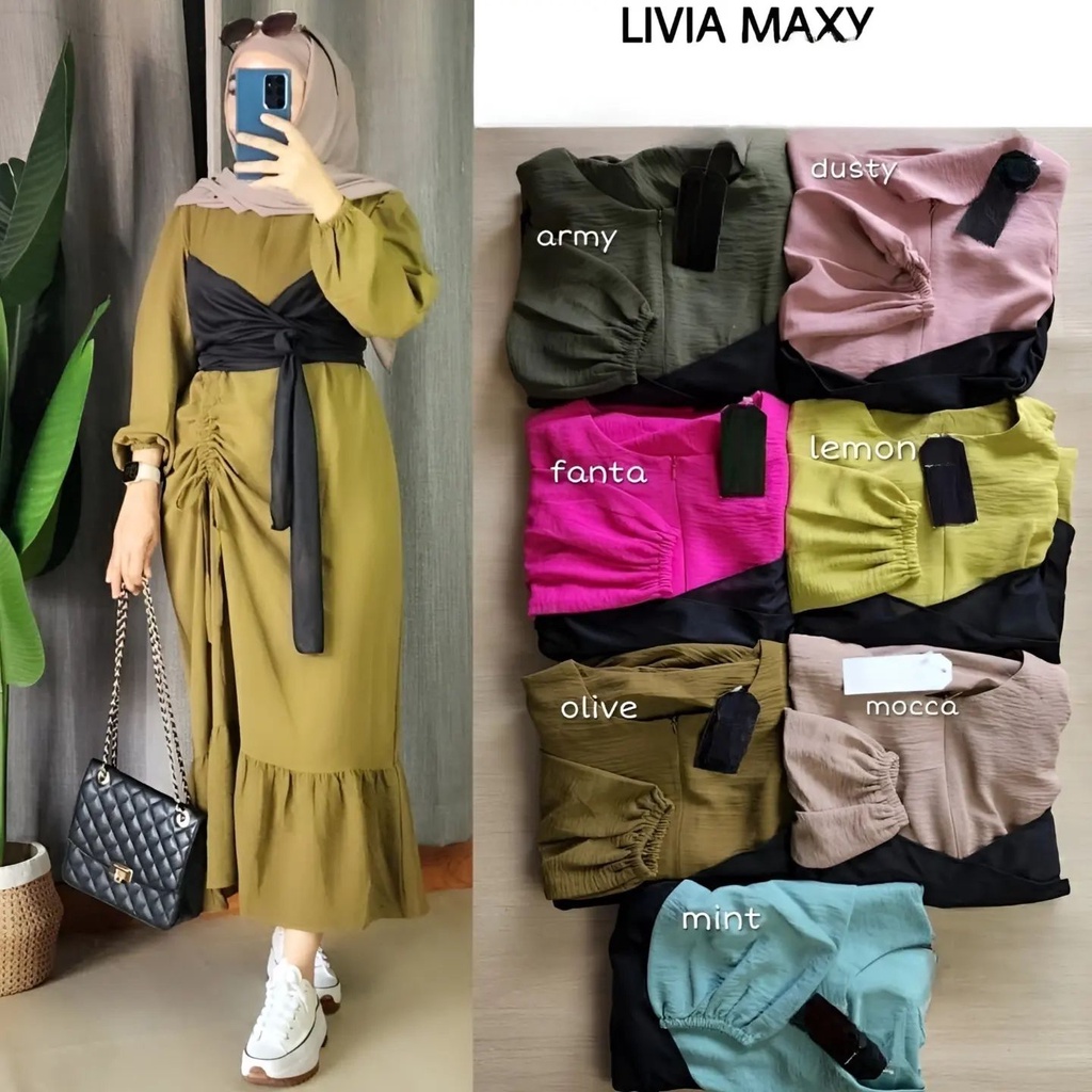 Dress Serut Kekinian /Dres Kerut Lengan Panjang Aplikasi Rompi Tempel / midi dress / dress Zipper Depan / midi dress rayon / dress muslim / dress muslim korea / midi dress korea / midi dres /  midi dress muslim / Livia maxy