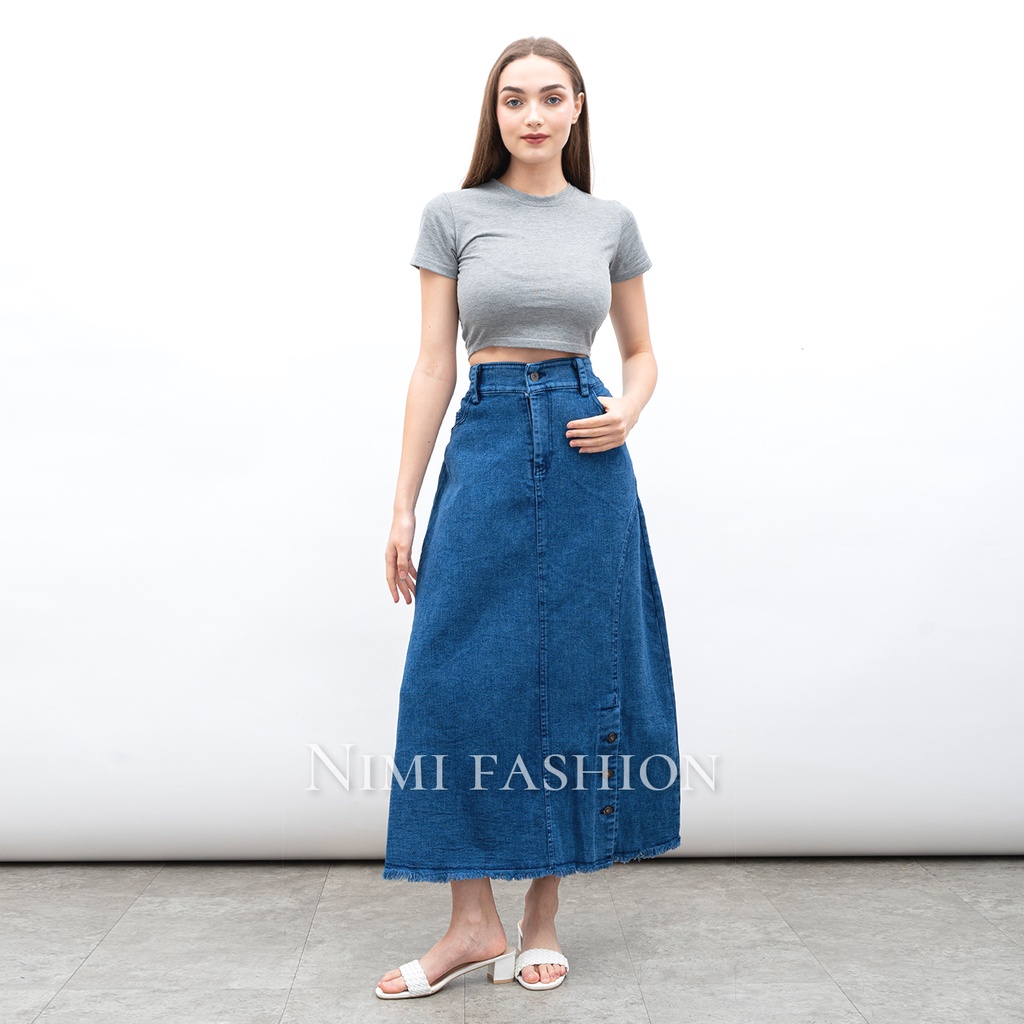 NIMI - Rok Jeans Stretch Panjang Wanita Rok Jeans Highwaist Premium