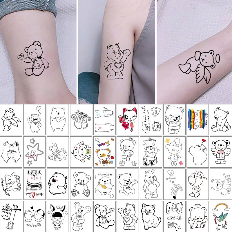 Magic789 42lembar Keren Hitam 3D Lucu Beruang Huruf Temporary Tattoo Stiker Untuk Wanita Pria Anak Hati Awan Gadis Tato Set Untuk Tubuh Lengan Leher