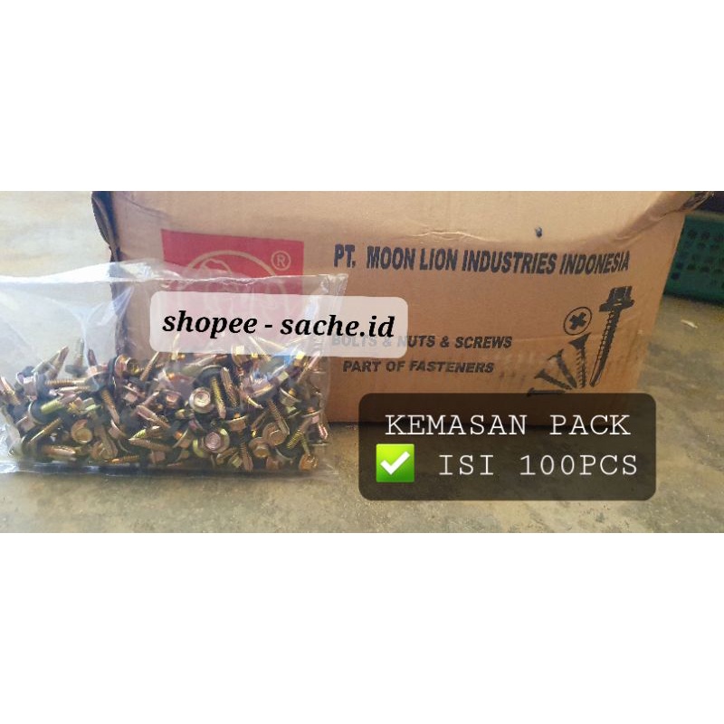 [100 Pcs] Sekrup Roofing Driling Baja Ringan Kuning 12x25 Merk Moon Lion L