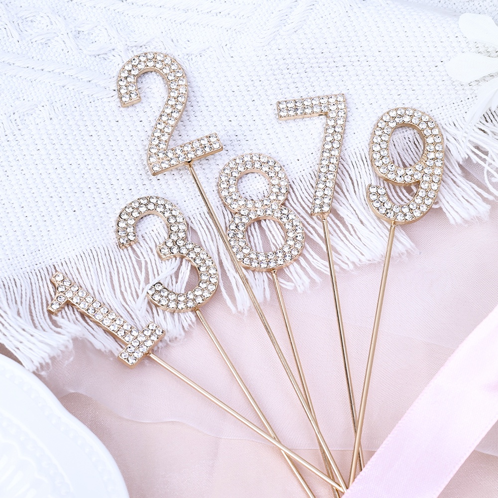 Topper Kue Berlian Imitasi Nomor 0-9 Emas Bertabur Berlian Ulang Tahun Anniversary Pesta Alat Kue Baking Dekorasi Pernikahan