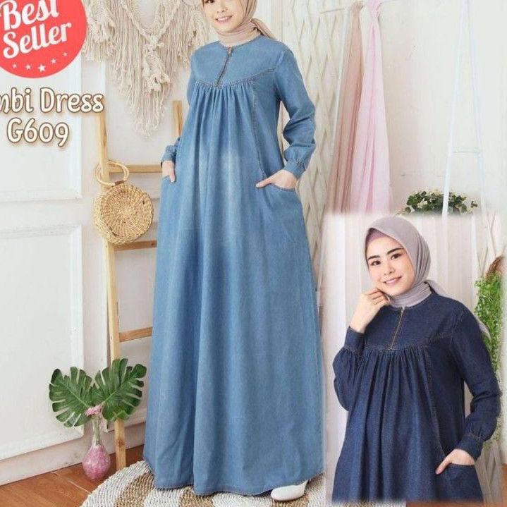 Murah Banget Stone Midi dress jeans washed denim levis Dres Gamis jeans Wanita LD100-120cm