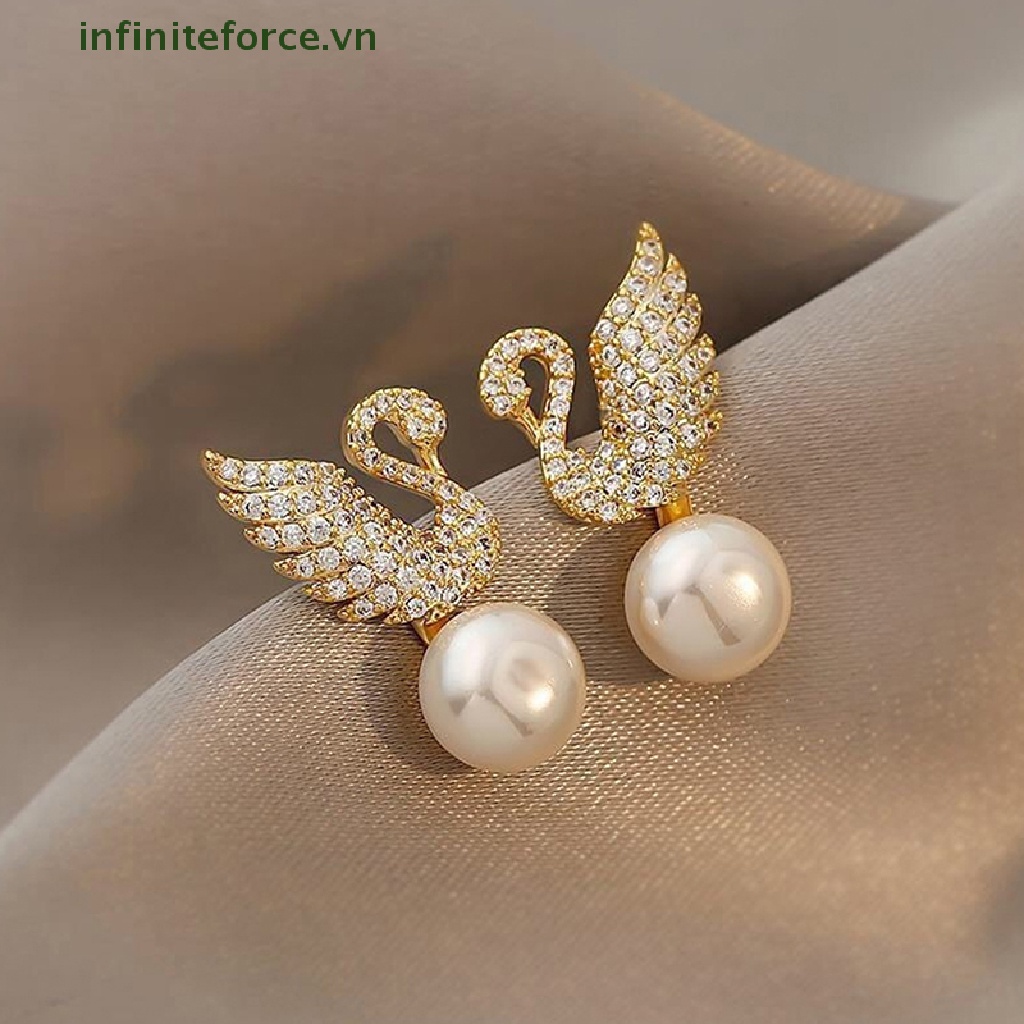 [INVN] 1pasang Imitasi Mutiara Swan Berlian Imitasi Ear Studs Perhiasan Wanita Anting Fashion Pesta Aksesoris Hadiah [VN]