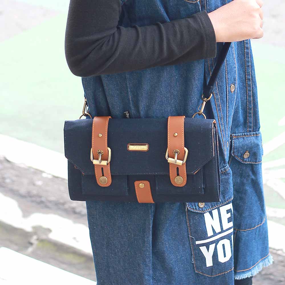 Tas Samping Dompet Clutch Blackkelly Wanita Perempuan Bahan Canvas Casual Biru Navy