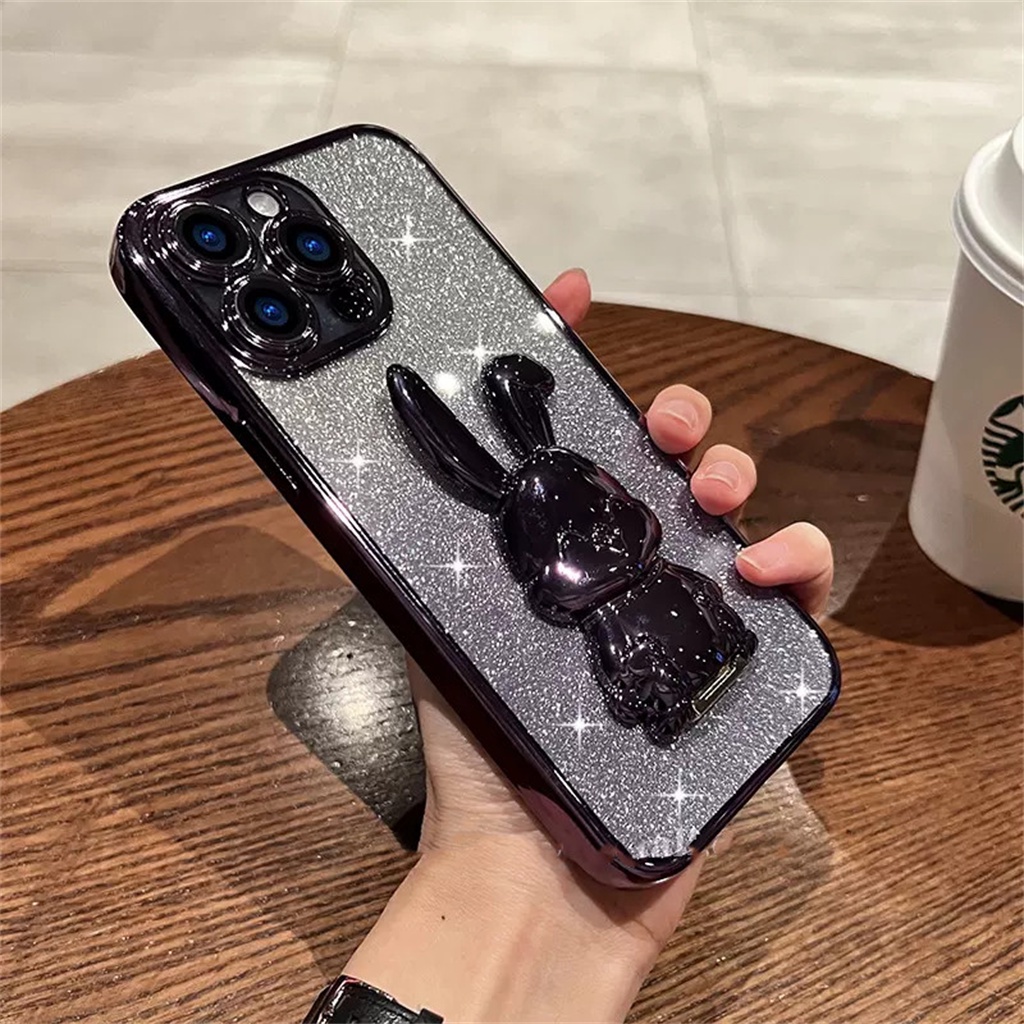 Kreatif Kartun Bunny Stand Case iPhone 14 Pro Max Plus Case iPhone 13 12 11 Pro Max Mewah Flash Lembaran Tertutup Penuh Shockproof Perlindungan Lembut Penutup Belakang