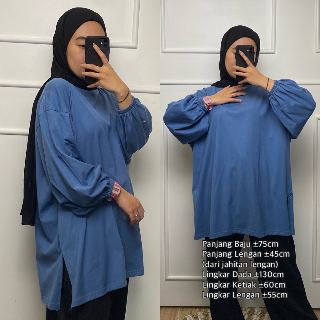 Blouse Lengan Balon Kaos Wanita Lengan Panjang Oversize LD 130 FemonRitch SteelBlue