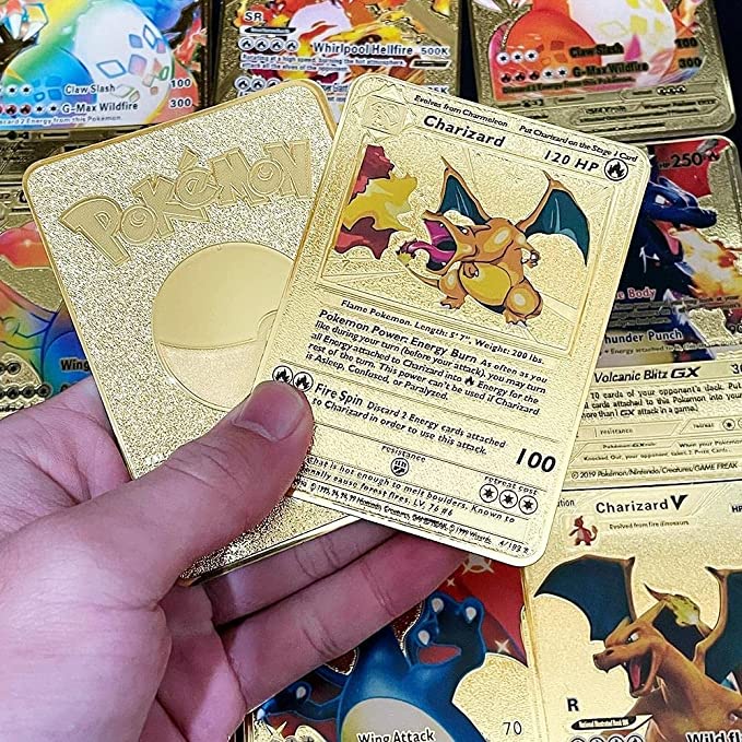 【150pcs】27-54 Pcs Logam Kartu Pokemon Trading Card Emas Bahasa Inggris Charizard Pikachu Pelatih Permainan Kartu Koleksi