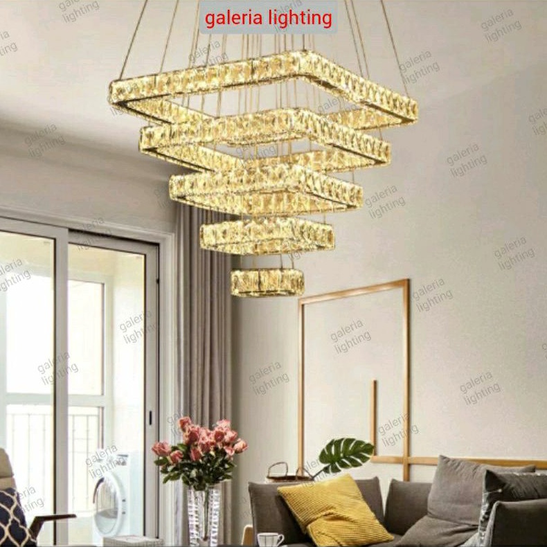 Lampu gantung kristal kotak 5 ring ruang tamu/ruang void tipe G8521/5P