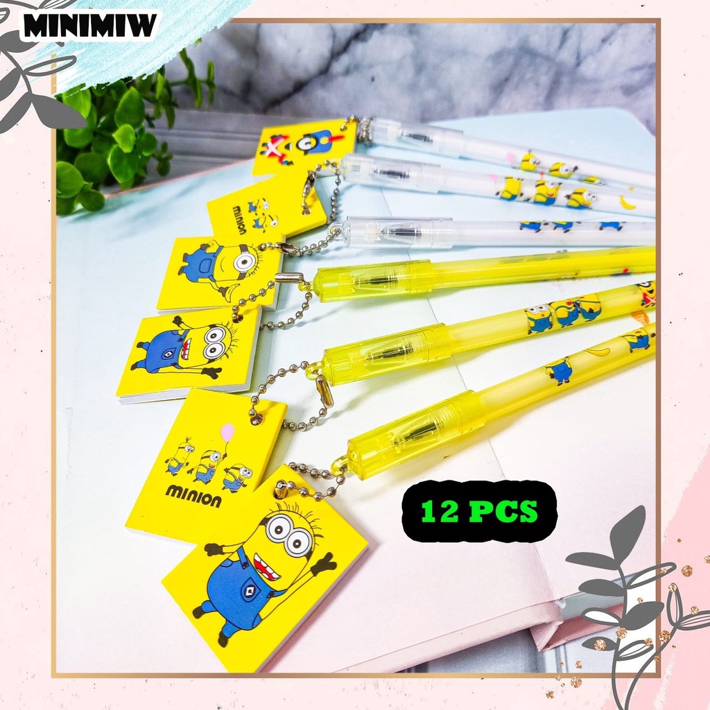 SELUSIN PULPEN GANTUNGAN BUKU MINION ISI 12 PCS BOLPEN ALAT TULIS KARTUN BOLPOIN UNIK IMUT MURAH PEN GEL KARAKTER PENA UNIK LUCU MURAH