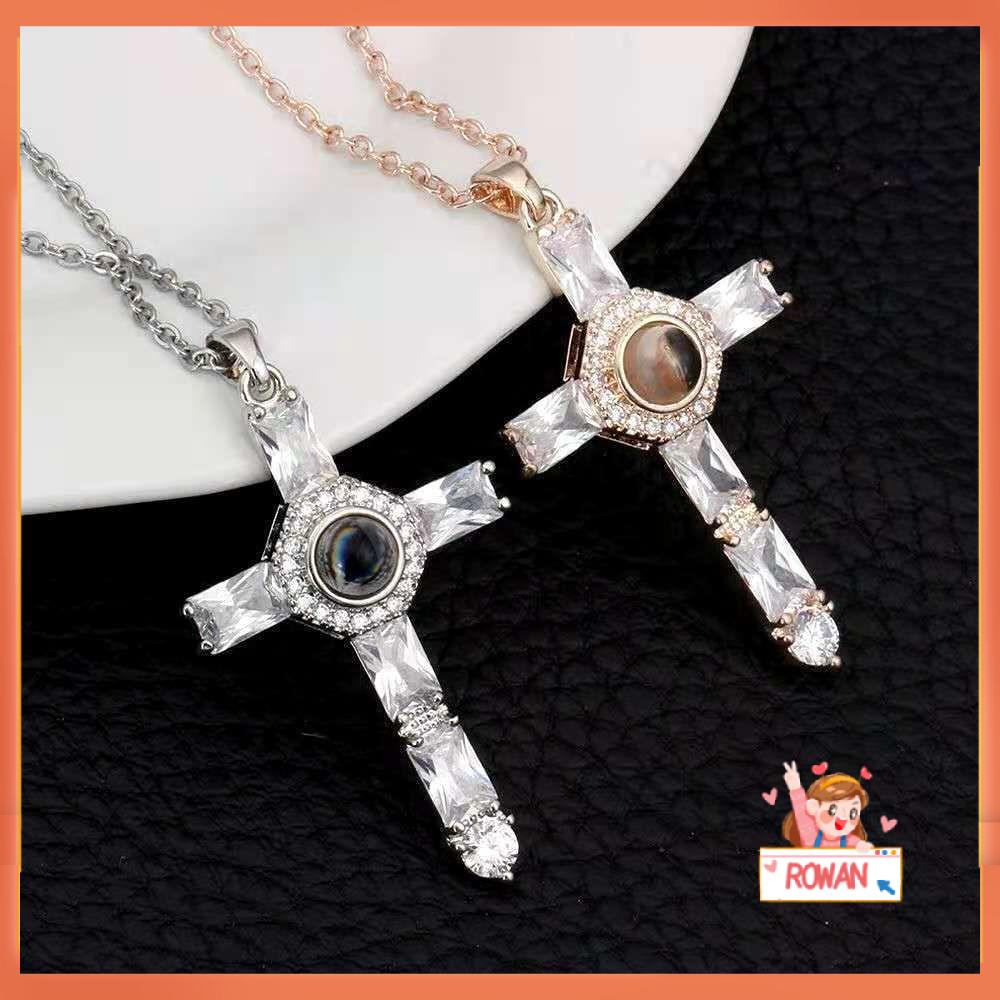 R-flower Cross Projection Necklace Jewelry Boho Fashion Masa Kini Zirkon Kristal Bentuk Salib