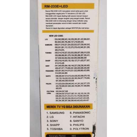 Remote TV Universal RM-233E+ / RM233E+ LCD LED Tabung Samsung-LG-Sharp-Hitachi-Sanyo-Philip-Polytron-Panasony