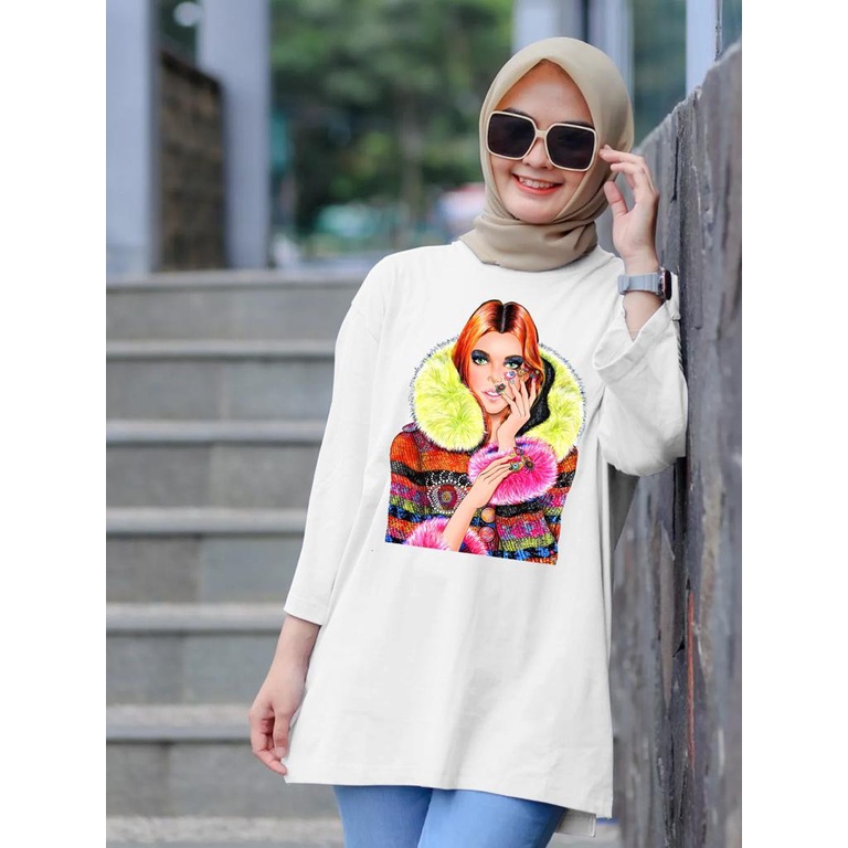 KAOS OVERSIZE TOP HIJAB WANITA BASIC DTF CEWEK SHAL / OVERSIZE SLIT BLOUSE GAMBAR DTF / DIGITAL PRINT