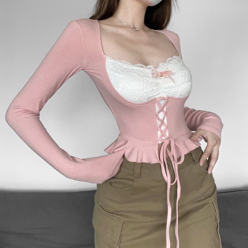 №▬◕Suhao pink Perancis keinginan murni renda ruffle tali pinggang lengan panjang gadis panas warna hit pinggang pelangsing seksi top wanita