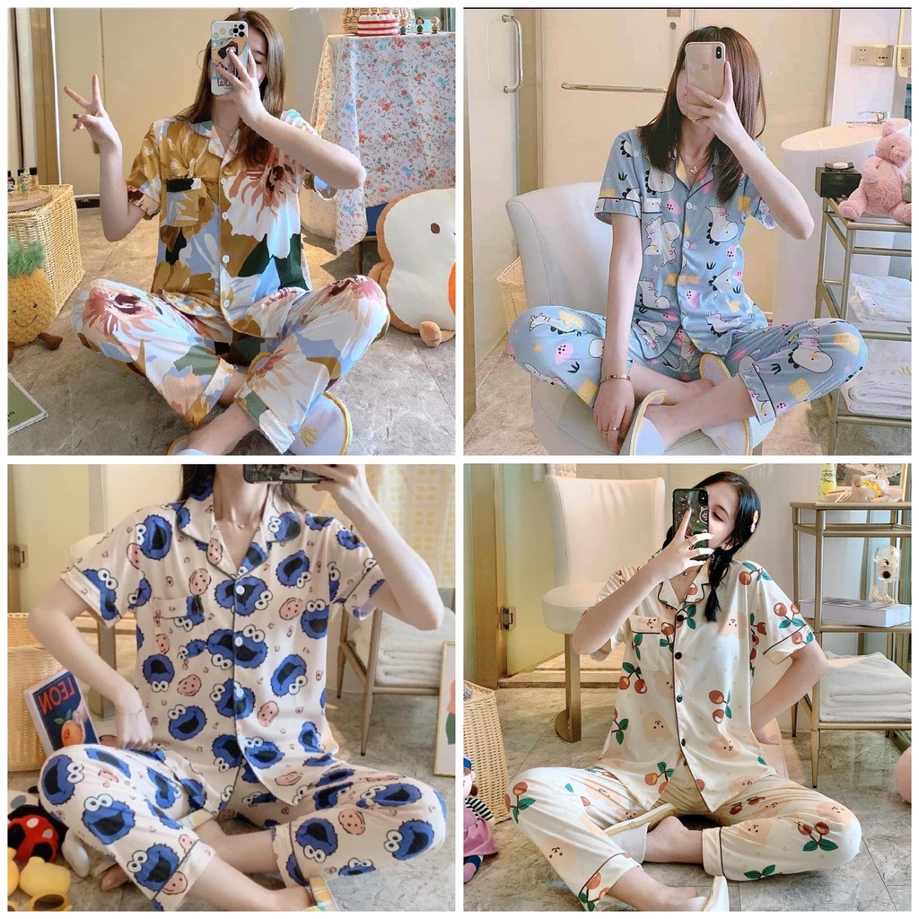 Baju Tidur Piyama Set Import Lengan Pendek Celana Panjang Untuk Wanita 3