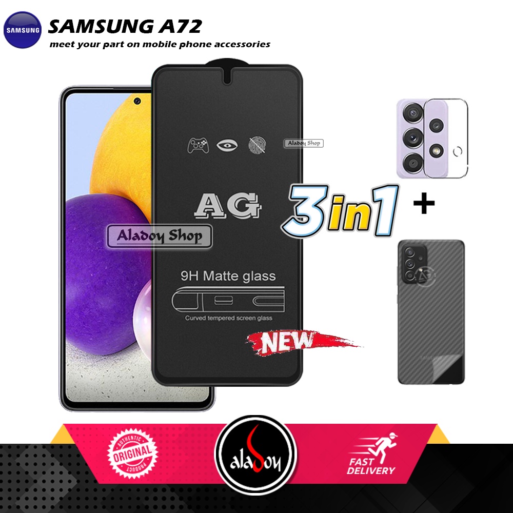 Paket 3IN1 Tempered Glass Layar Matte Anti Glare Samsung A72 Free Tempered Glass Camera dan Skin Carbon