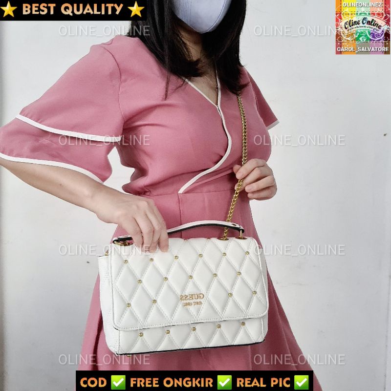 1814-1818(WODB) tas wanita triana studded diamond motif 5 color winter collection sage green white pink crystal blue black gb gs quilted shoulder and sling bag two way paku paku mote besi gold convertible bag