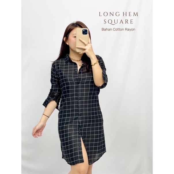 BC Long Hem Square Kemeja Panjang Cewek Wanita Motif Kekinian Fashion Cewek