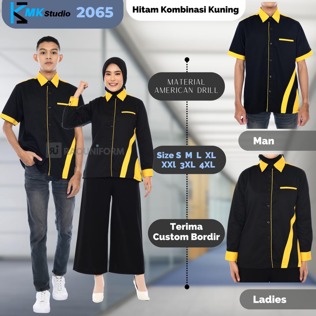 RaoUniform-Atasan Hitam Kombinasi Kuning Pria Wanita/Kombinasi Batik Pria Wanita/Lengan Panjang dan Lengan Pendek/Custom Bordir Logo Maupun Tulisan