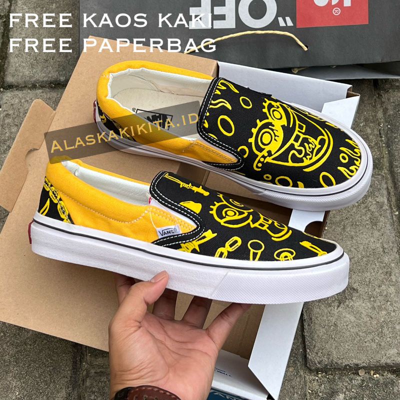 sepatu vans slip on / checkerboard / logo print / moma / checkerboard x porter yoshida / slip on og mono + kaos kaki premium quality