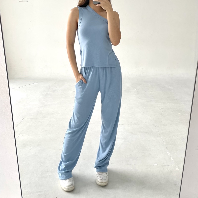 GAEL SET | Setelan Wanita Assymetric Ribbed Knit Set Tanktop Assymetric Celana Panjang Highwaist Highwaisted Pants Aesthetic Rib Set Summer