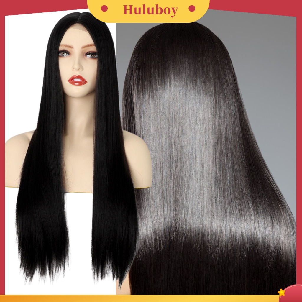 Wig Rambut Panjang Lurus Warna Hitam Bahan Silk Suhu Tinggi Untuk Wanita