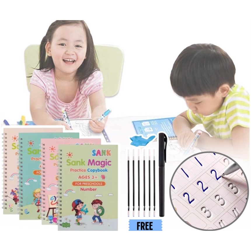 PA Buku Sank Magic Pratice Book 1 Set Isi 4 Buku dan Pulpen Buku Belajar Menulis Huruf dan Angka Anak Paud 3d Pratice Writing Book Mainan Edukasi Anak SS205