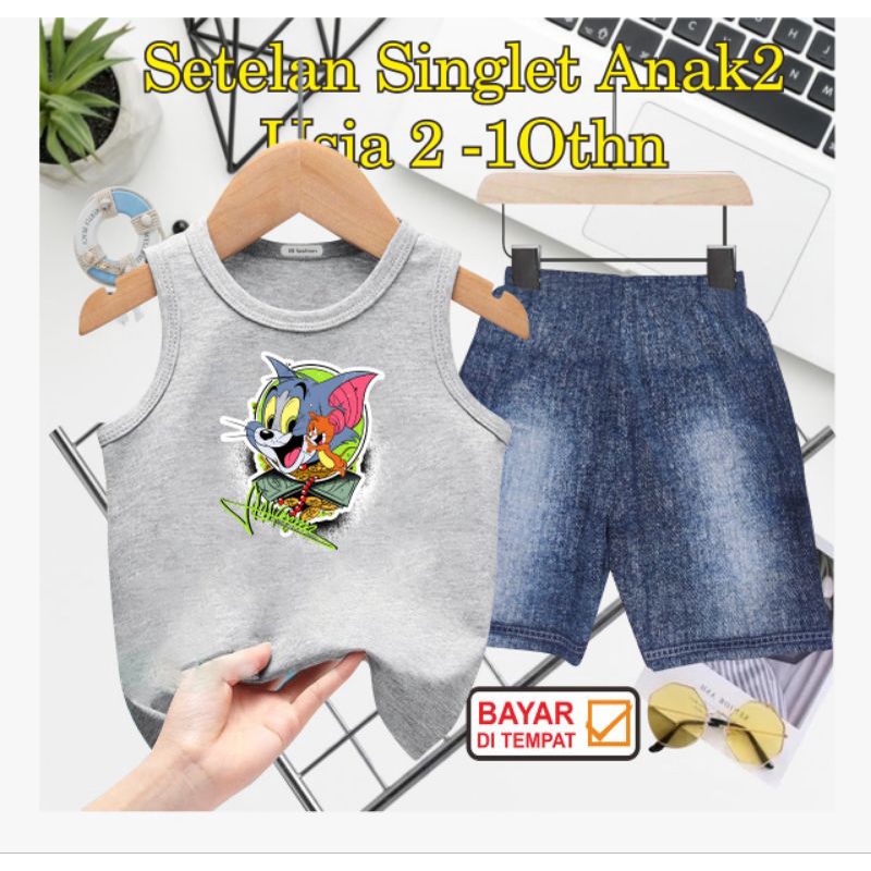 ((IB))SETELAN SINGLET ANAK SEMI JEANS/T0M&amp;JERRY DIGITAL SABLON