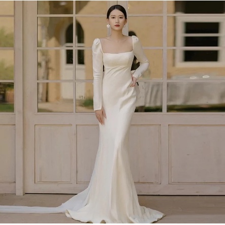 2022 Elegant White Satin Long Seeves Mermaid Bride Dresses Simple Wedding Dress Square Neck Korea Ba
