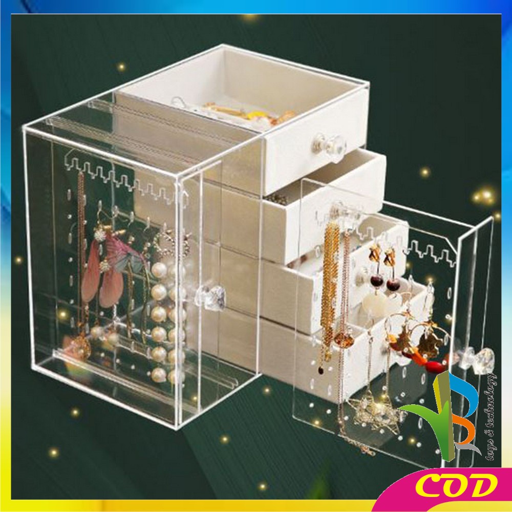 RB-K136 Kotak Perhiasan Tingkat 4 Laci Rak Acrylic Organizer Anting Cincin Anti Debu / Tempat Penyimpanan Aksesoris Kalung Wanita Rak Kosmetik Multifungsi