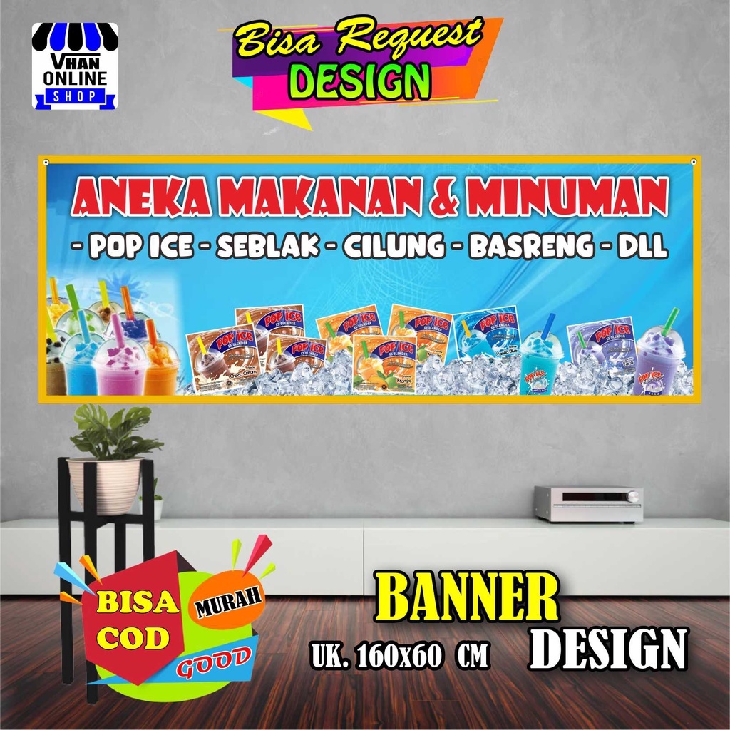 Cetak Banner / Spanduk Makanan Dan Minuman Kombinasi, Minuman Pop Ice, Minuman Viral