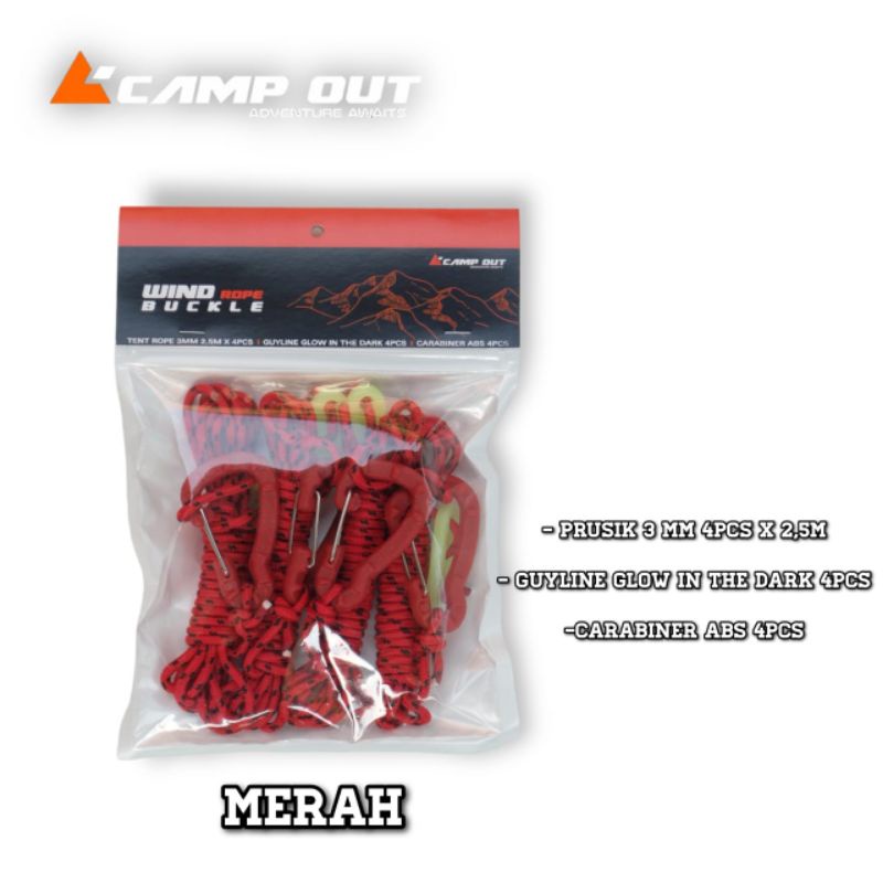 PAKET TALI PERUSIK TENDA FLYSHEET 4 SET CAMP OUT - CARABINER ABS -  GUYLINE GLOW IN THE DARK - PRUSIK 3MM CAMPING