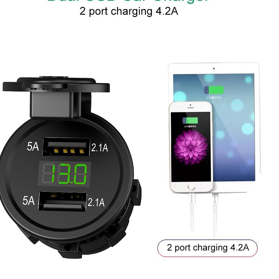 Super Delivery USB Charger 2 Port 4.2A Dengan Voltmeter Untuk Motor dan Mobil