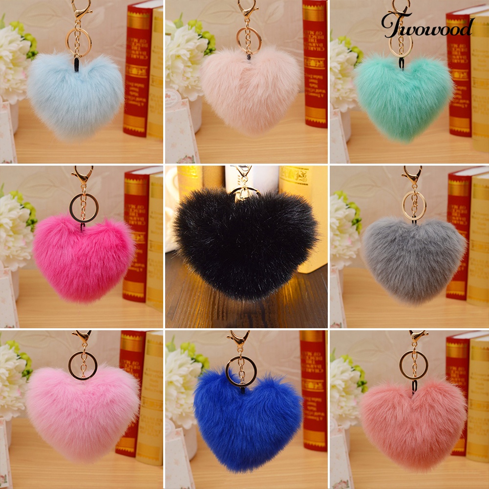 Twowood 10 cm Lucu Faux Fur Ball Pompom Bentuk Hati Gantungan Kunci Ponsel Mobil Handbag Key Ring