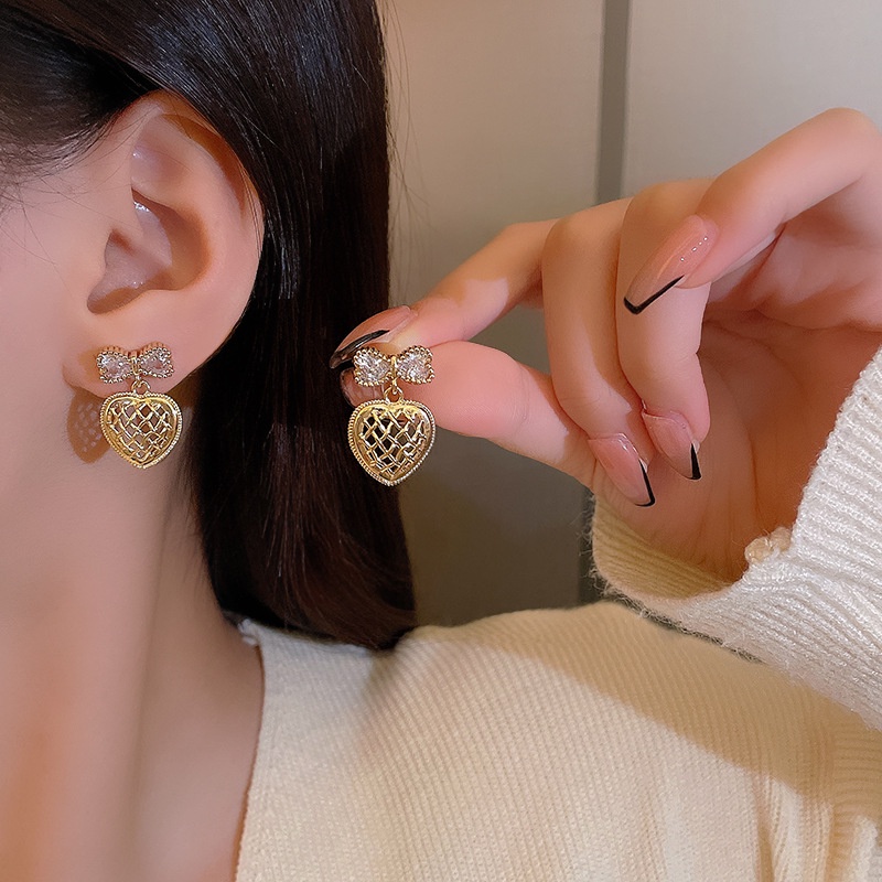 925buah Perak Jarum Berongga Hati Anting Wanita Zirkon Busur Anting