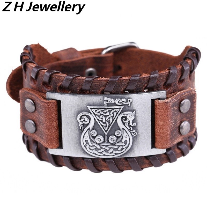 [Z H Perhiasan] Hip Hop Rock Retro Pria Fashion Stainless Steel Viking Rune Gelang Kulit Pesta Perhiasan Aksesoris