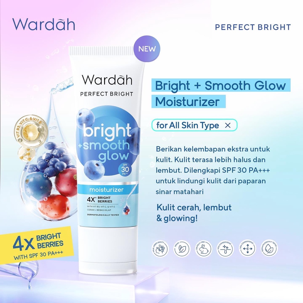 WARDAH Perfect Bright Moisturizer Bright + Smooth Glow SPF 30 PA+++ Indonesia / Pelembab Wajah 20ml / 4X Bright Berries / With Vit B3 C E / Cerah + Bebas Kilap / Skincare Face Care Series / Facial Cream Melembabkan Berminyak Halus Sunscreen Sinar Matahari