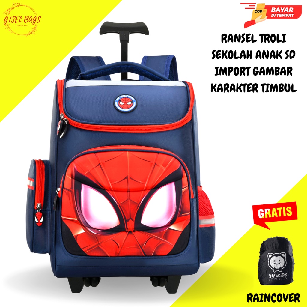 GSB Tas troli roda sekolah sd anak laki laki import gambar timbul karakter superhero waterproof