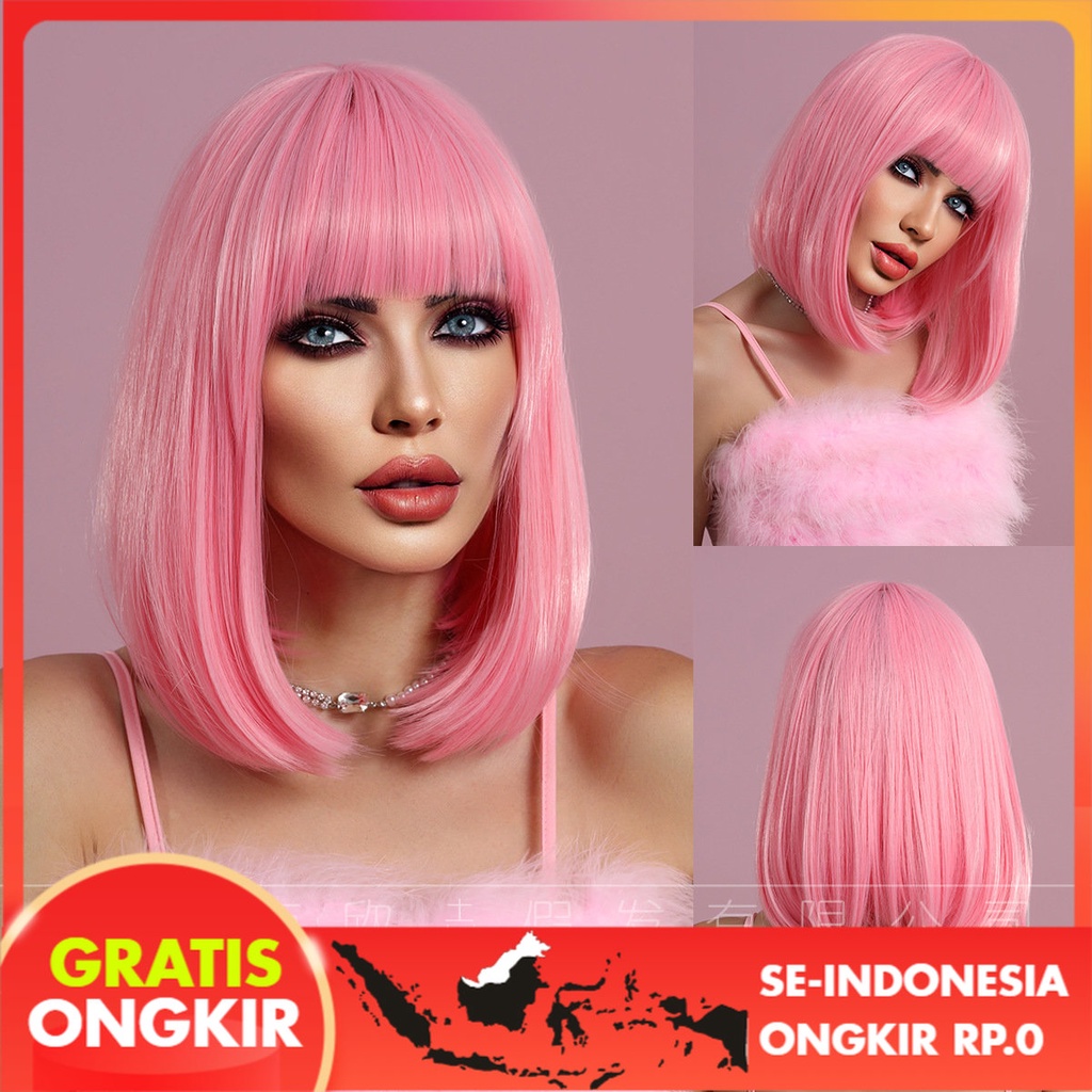 Wig Wanita Berwarna Merah Muda Teguran Rambut Pendek 14Inch   Wig Pink Poni Rambut Pendek Wig Sarung
