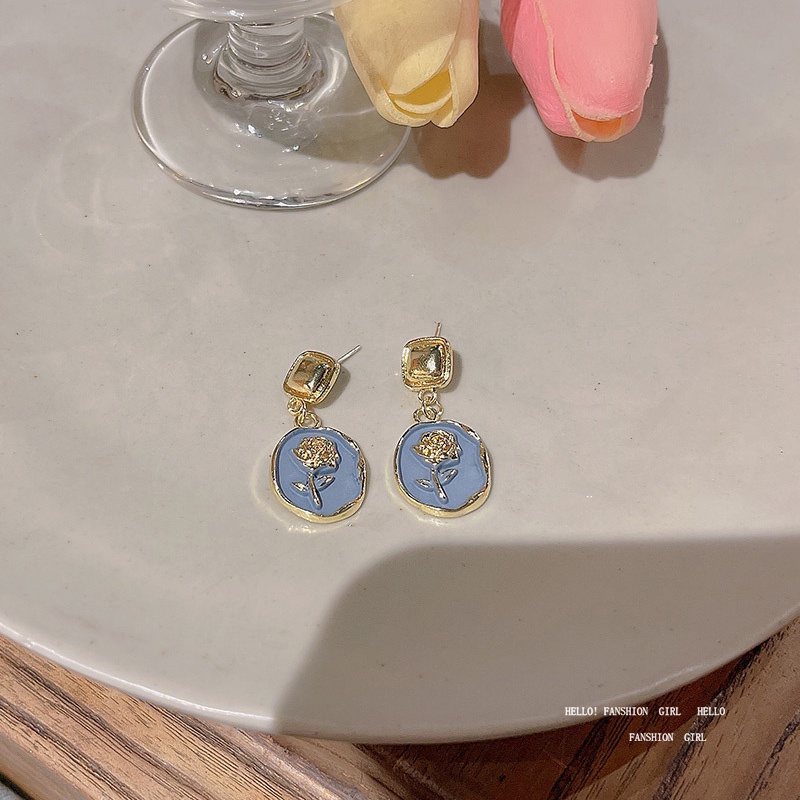 925jarum Perak Jarum Perancis Retro Biru Mawar Anting-Anting Perempuan Fashion Wanita Earrings