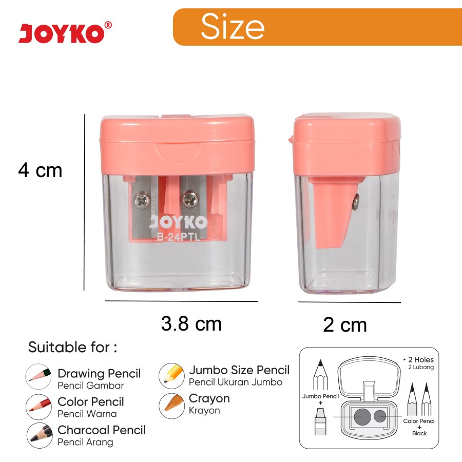 Rautan | Serutan | Sharpener Joyko B-24PTL 2 in 1 Warna Pastel