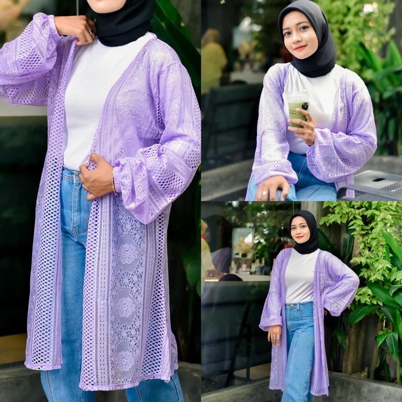 Pakaian Wanita Muslimah Long Outer Brokat Lace Cardigan Putih lengan panjang Bahan Lembut Nyaman Saat Di Pakai