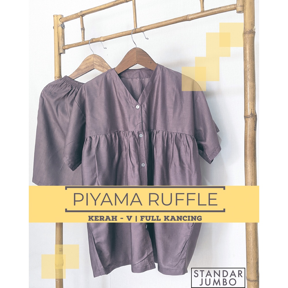 Piyama Rayon Jumbo Ruffle Rempel Rimpel Full Kancing Hidup Lengan Pendek  Setelan Kerah V Neck Baju Tidur Rayon Kekinian  Hits Homewear Daily Wear Murah Pajamas Babydoll Ruffle Baby Doll Ruffle