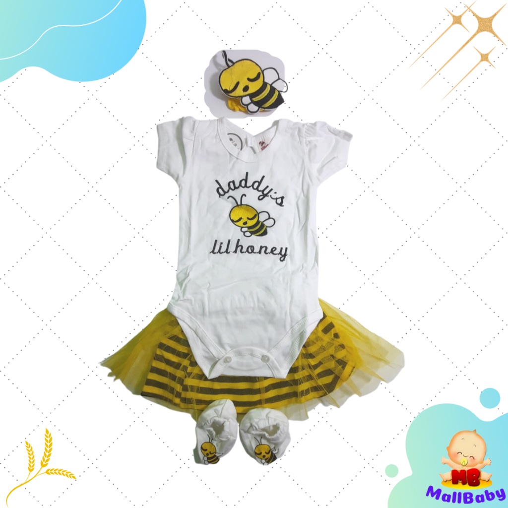 Set Jumper Bayi Perempuan Setelan Baju Anak Bayi cewek Rok Bandana Sepatu Murah Lucu Bee