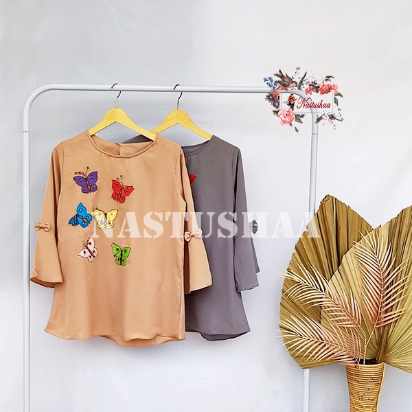 Baju Atasan Wanita Blouse Butterfly Lengan Terompet 7/8 Cantik Warna Polos Bordir Asli Motif Kupu-Kupu Top Wanita Dewasa