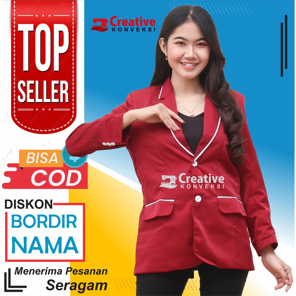 (BISA COD) Jas Blazer Pria wanita Formal Kancing dua Slim Fit jas warna merah maroon lis putih / jas almamater sekolah / jas osis / jas pondok pesantren