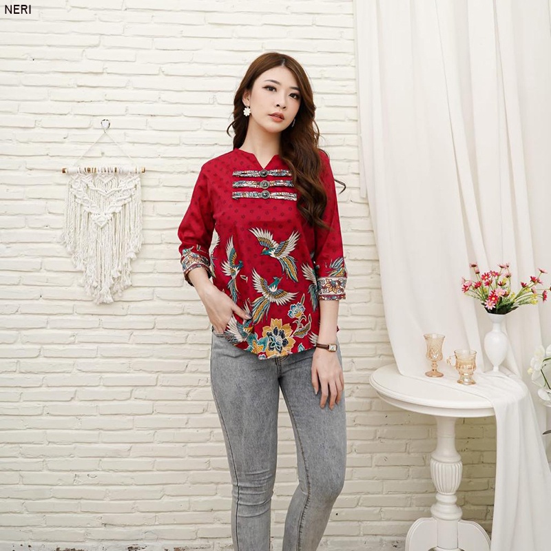 Evercloth Neri Blouse Wanita Atasan Wanita Batik Lengan Panjang Couple Top