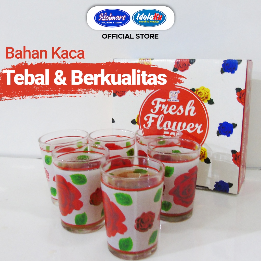 IDOLMART Gelas Kaca Fresh Flowers 505 Isi 6 - Gelas Motif Mawar- Surabaya