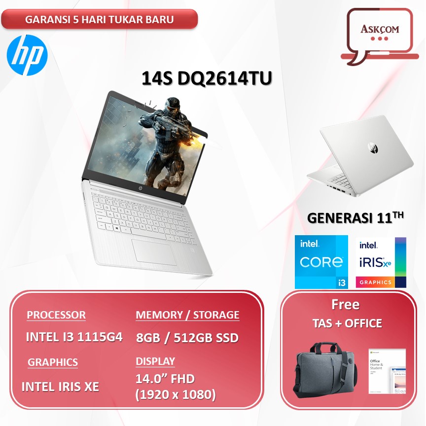 Laptop HP 14S DQ2614TU I3 1115G4 RAM 8GB 512GB SSD OHS 14.0FHD IPS BLIT W11