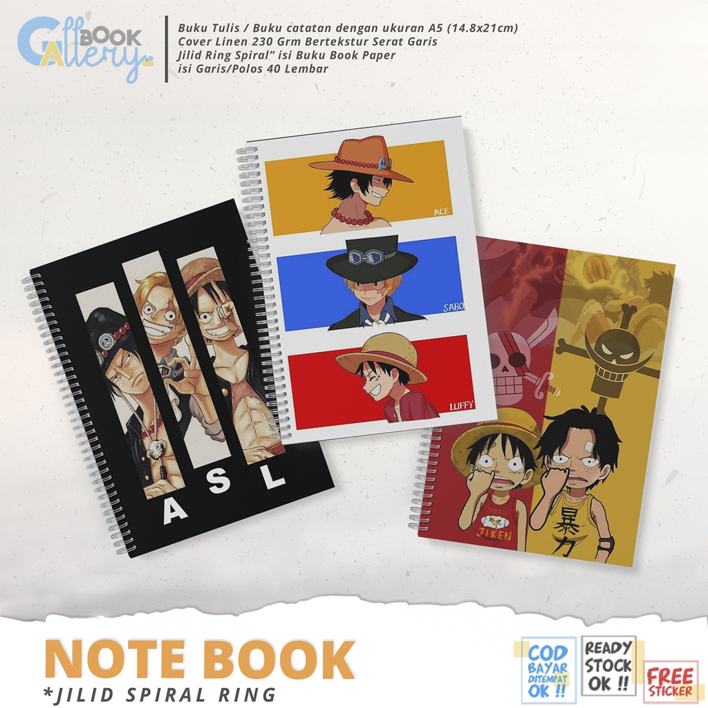 

[SP] Buku Tulis / Buku Catatan / Note book Anime One Piece, Monkey D. Luffy, Portgas D. Ace, Sabo (ASL) BLACK Jilid Ring Spiral Dengan isi Book Paper Garis/Polos 50 Lembar Free Poster dan Stiker Ukuran A5